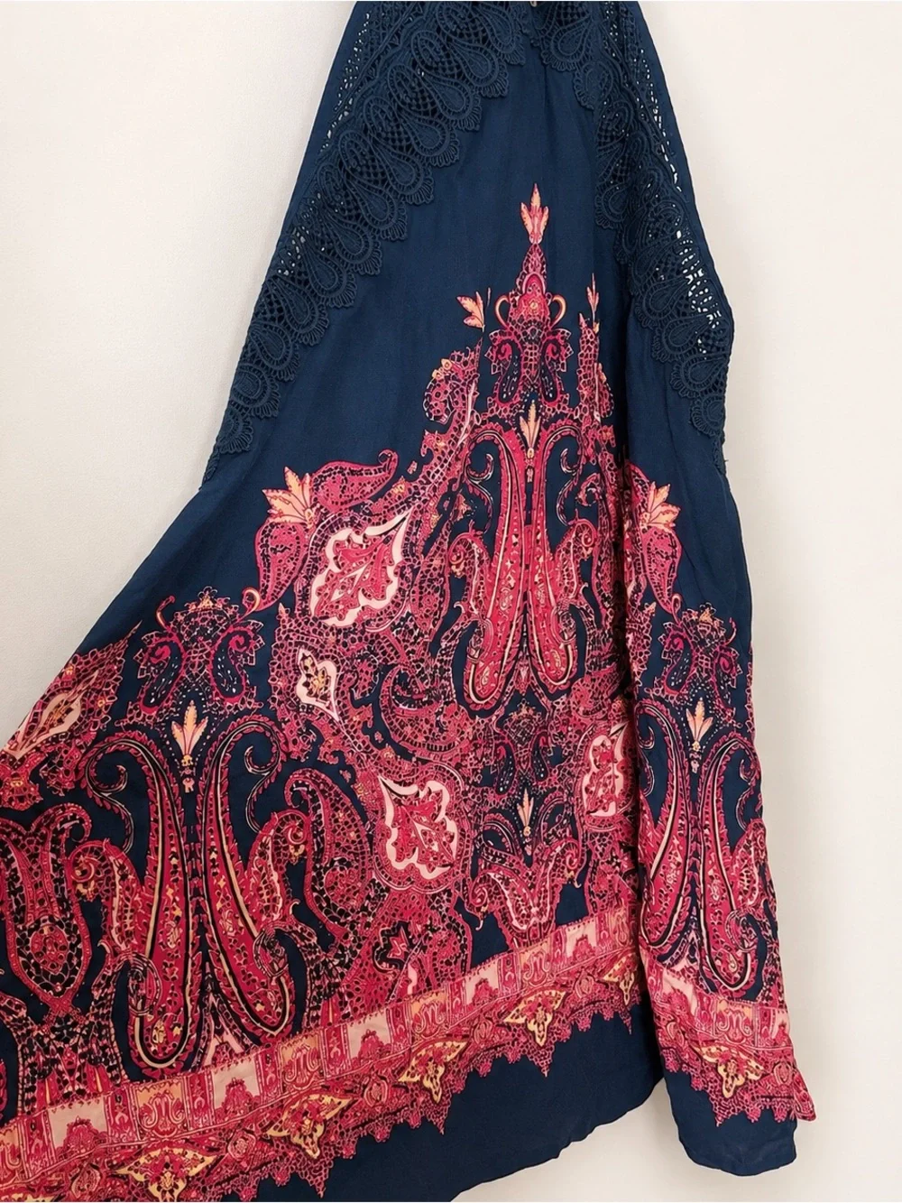 Free People Shea Halter Mini Dress Paisley Crochet Lace Navy Red‎ S Petite Boho - Picture 4 of 9